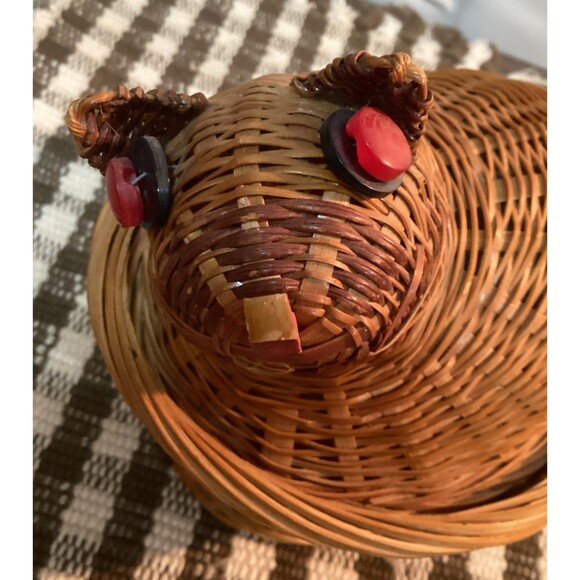 Cute Natural Color Kitty Cat Kitten Woven Basket Removable Lid Red Button Eyes - Picture 14 of 14